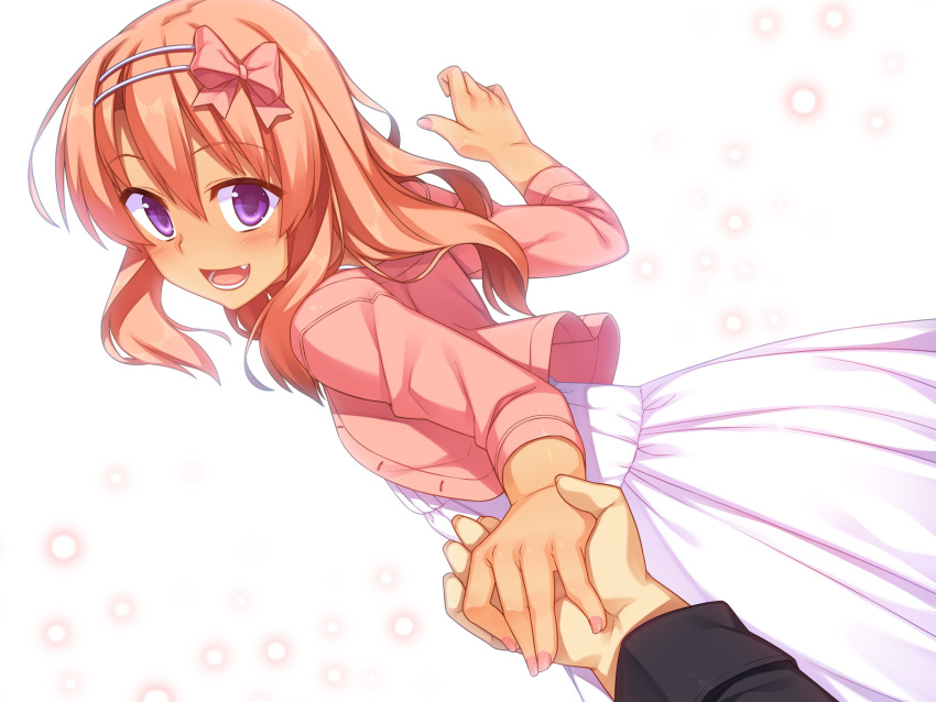 1girl, blush, bow, dress, fang, hair_bow, hairband, highres, holding_hands, izumi_(racer), long_hair, looking_at_viewer, open_mouth, original, pink_hair, pov, racer_(magnet), smile, solo_focus, tan, violet_eyes