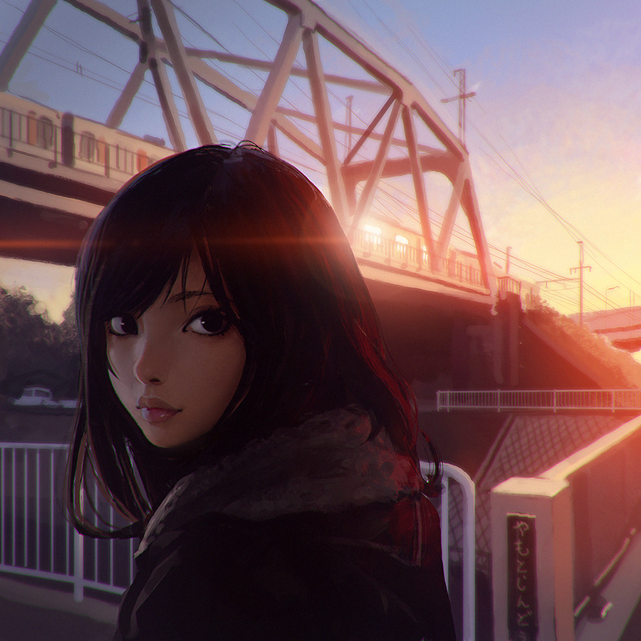 1girl, black_eyes, black_hair, bridge, building, city, clouds, ilya_kuvshinov