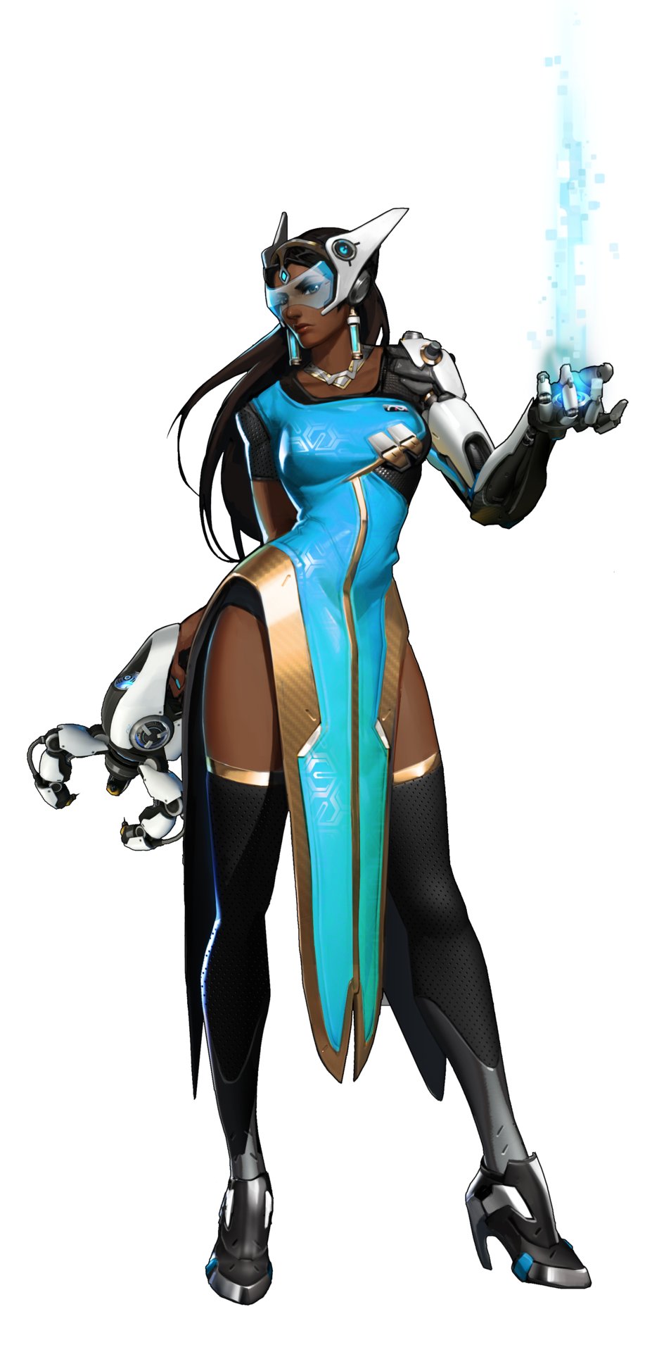 black_hair, blue, blue_dress, cyborg, dark_skin, dress, full_body, headgear