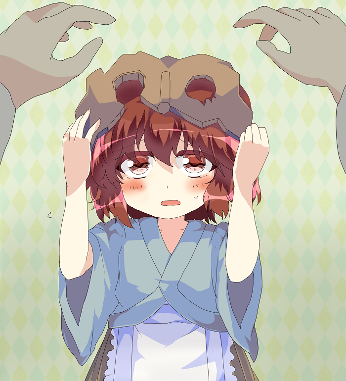 androgynous, apron, argyle, argyle_background, blush, hands_on_head, helmet, japanese_clothes