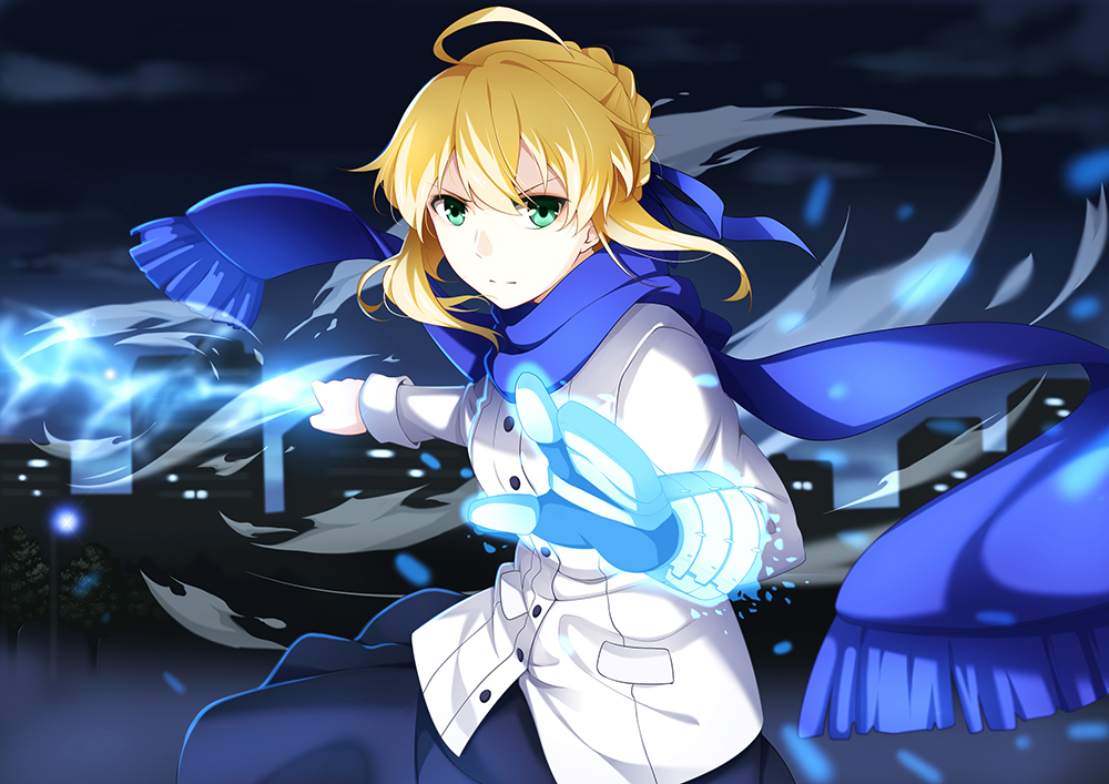1girl, aqua_eyes, blonde_hair, ello, fate/stay_night, fate_(series), gauntlets, invisible_air