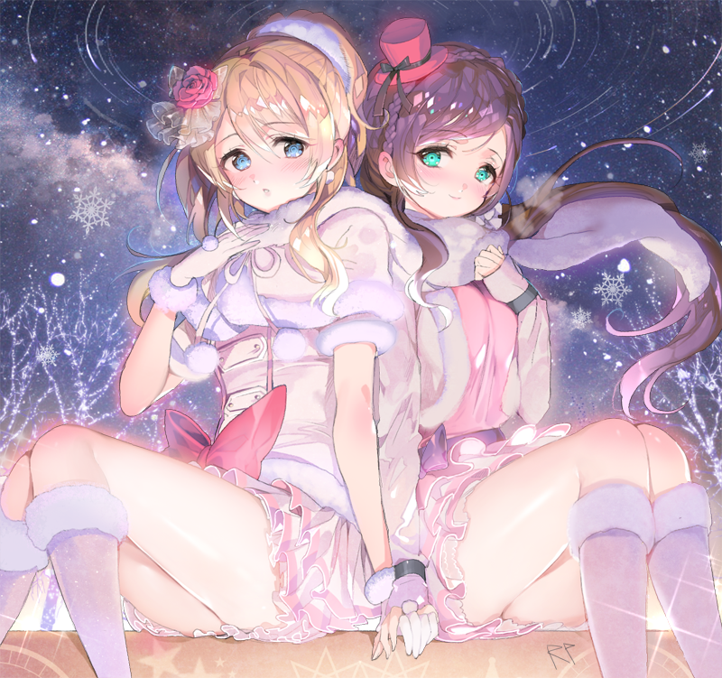 ayase_eli, blonde_hair, blue_eyes, blush, boots, capelet, fur_trim, gloves