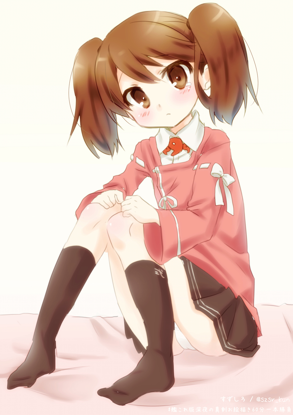 1girl, blush, brown_eyes, brown_hair, brown_legwear, brown_skirt, hands_on_knees, head_tilt