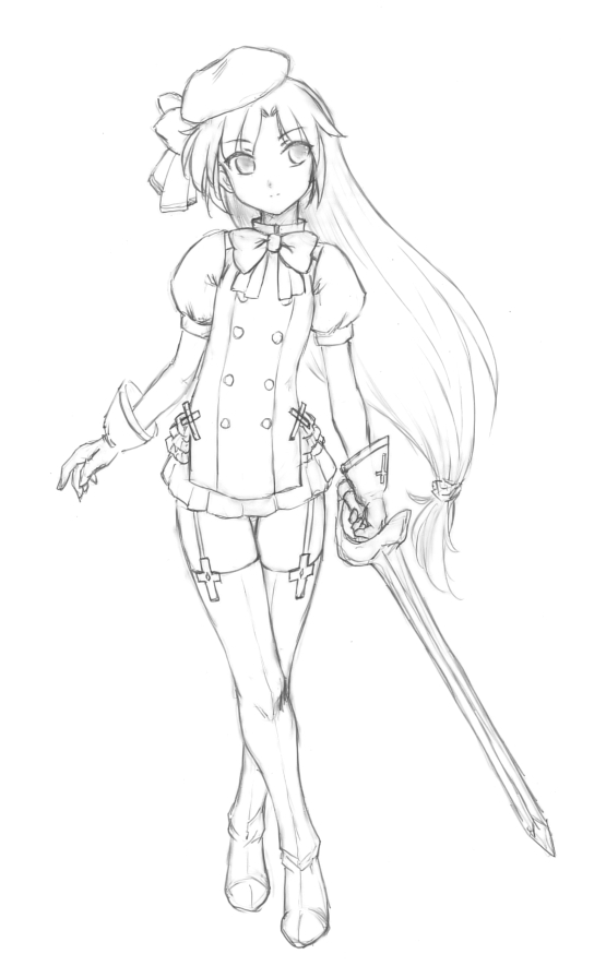 1girl, garter_straps, harumachi_nagaaki, hat, long_hair, monochrome, simple_background, solo