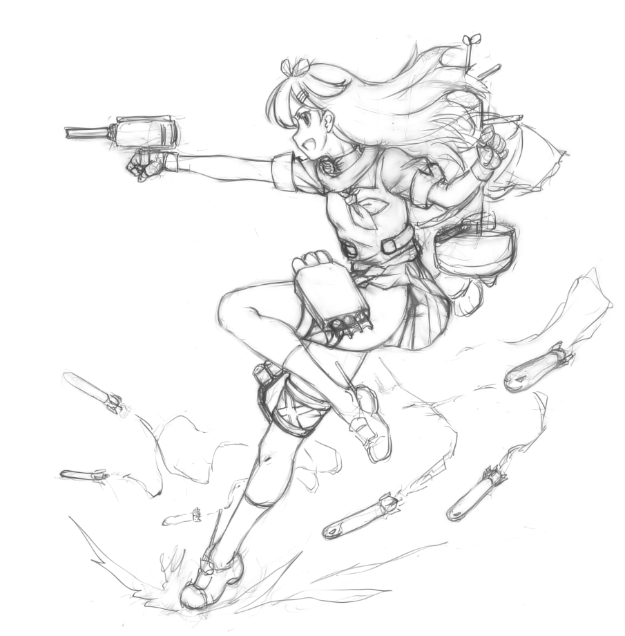 1girl, character_request, harumachi_nagaaki, kantai_collection, long_hair, monochrome, open_mouth, simple_background, sketch, skirt, solo, white_background, yuudachi_(kantai_collection)