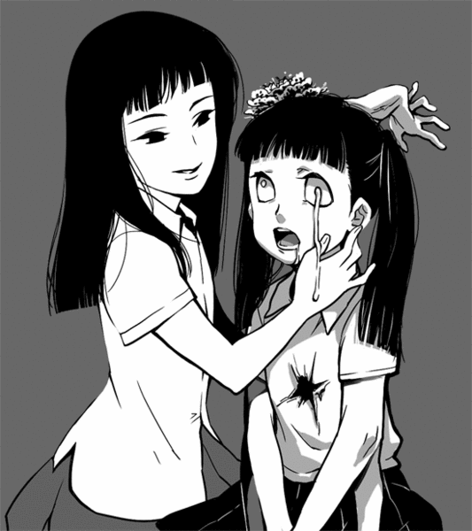 artist_request, creepy, extra_arms, flower, grey_background, monochrome, monoe, monoko, multi_arm, multi_leg, multi_limb, multiple_girls, saliva, twintails, yume_nikki