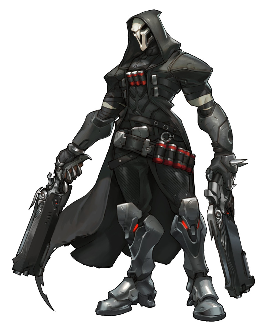 ammo_belt, boots, gun, highres, hood, mask, official_art, overwatch, reaper_(overwatch), shotgun, trench_coat, weapon