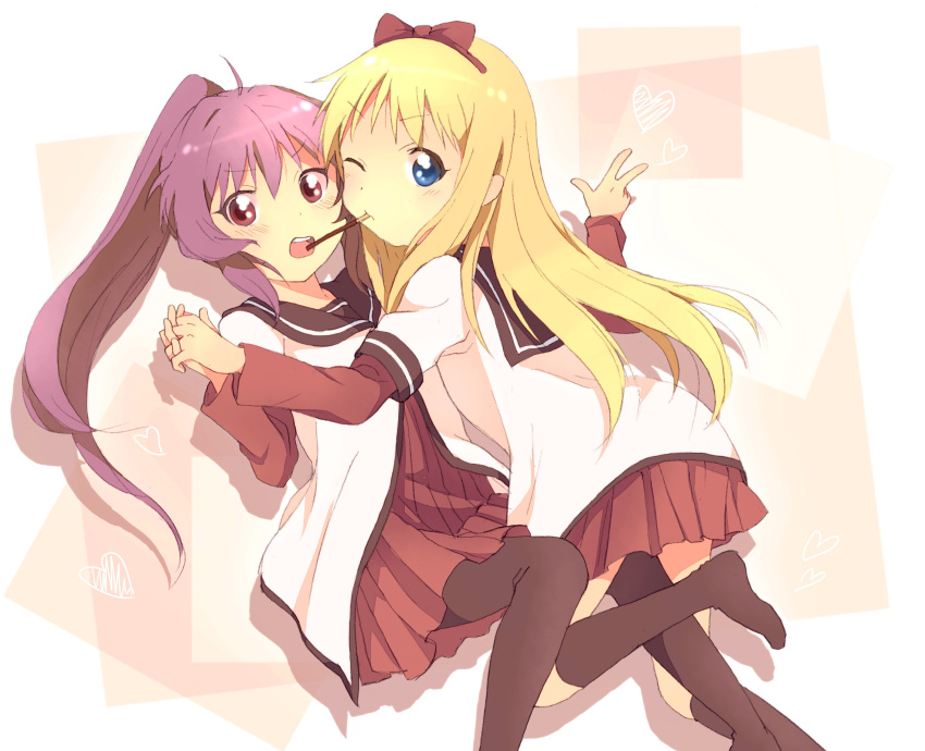 2girls, absurdres, blonde_hair, blue_eyes, blush, hairband, highres, hotate_(suikaneko)