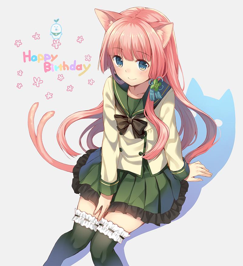 1girl, animal_ears, blue_eyes, blush, borrowed_character, cat_ears, green_legwear, hair_ornament, happy_birthday, ichijou_kokona, kurasawa_moko, long_hair, multiple_tails, original, pink_hair, school_uniform, serafuku, sitting, skirt, smile, solo, tail, thigh-highs, very_long_hair