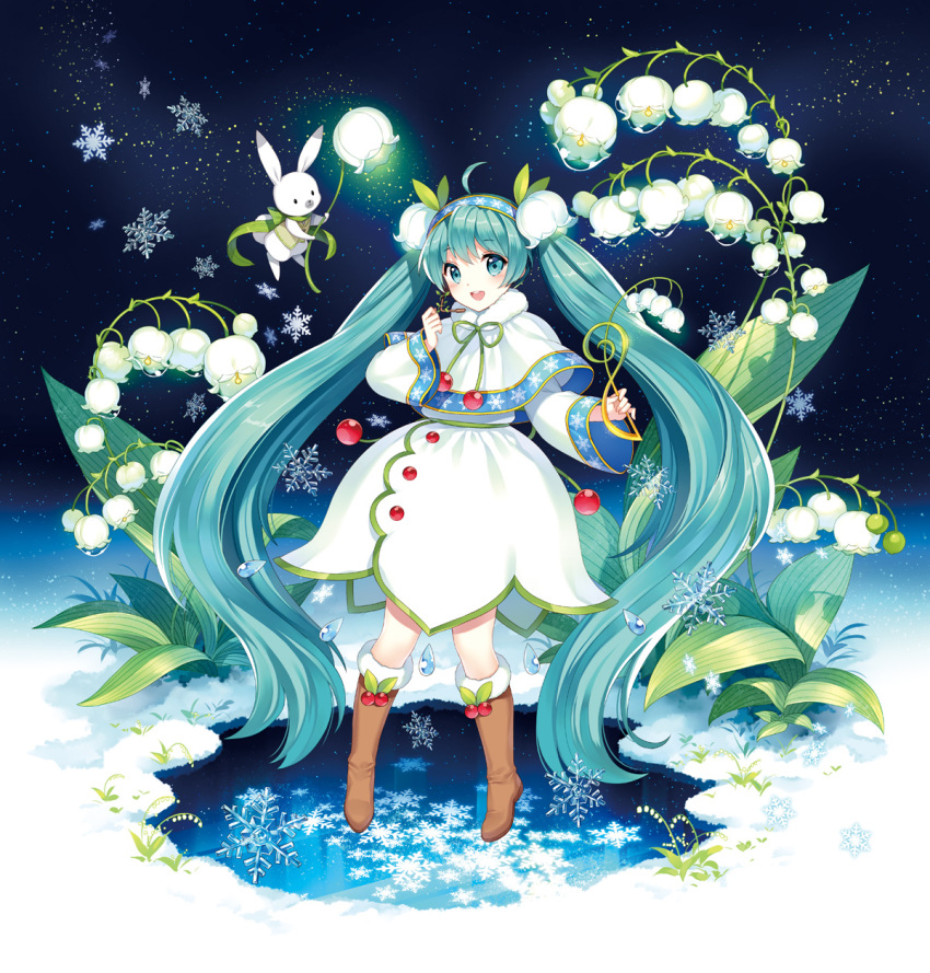 1girl, :d, absurdly_long_hair, ahoge, aqua_eyes, aqua_hair, boots, capelet