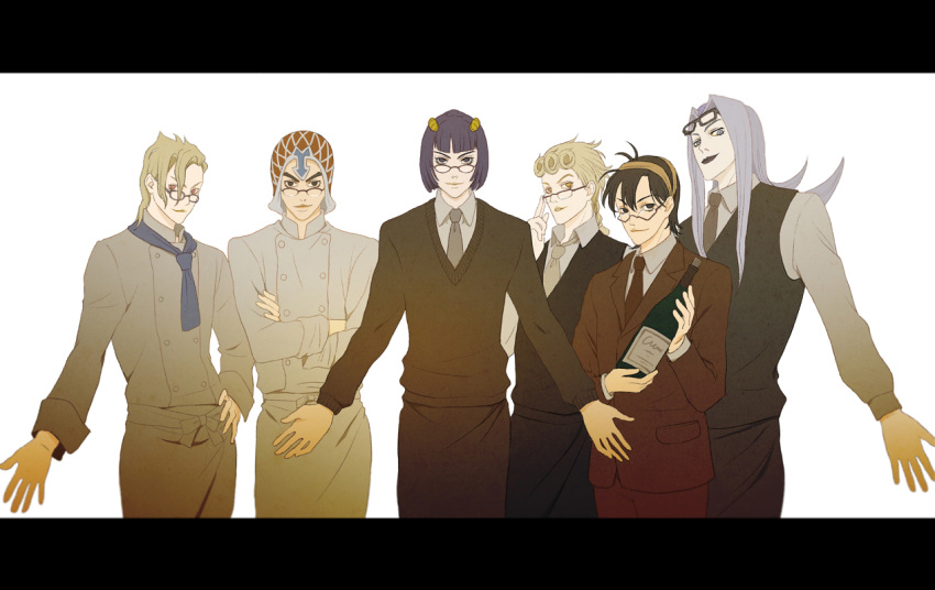 6+boys, ascot, bespectacled, black_hair, blonde_hair, bottle, bruno_bucciarati, caicai_(cafacaicai)