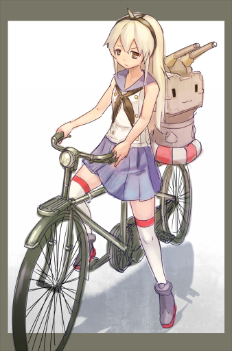 1girl, bicycle, hair_ribbon, kantai_collection, rensouhou-chan, ribbon, school_uniform, serafuku