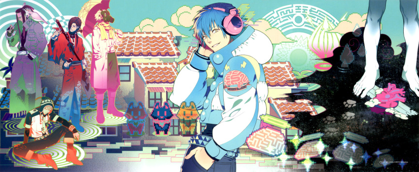 5boys, barefoot, beni_(dramatical_murder), bird, black_hair, building, clear_(dramatical_murder), dog