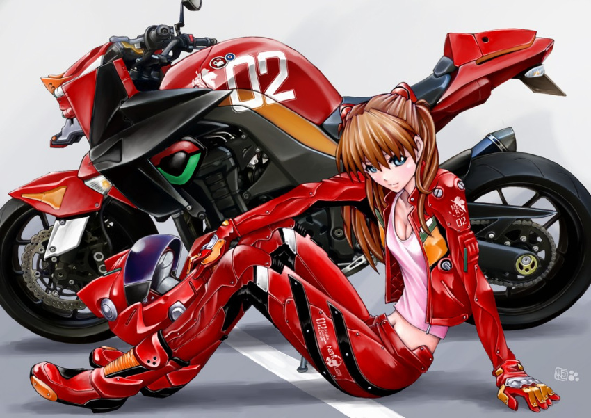 brown_hair, gloves, green_eyes, jacket, kotatsu-spirit, motor_vehicle, motorcycle, neon_genesis_evangelion, open_clothes, open_jacket, sitting, souryuu_asuka_langley, vehicle