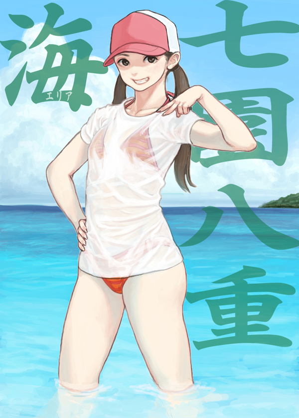 1girl, baseball_cap, brown_eyes, brown_hair, character_name, commentary_request, grin, gufu6, hand_on_hip, hat, long_hair, looking_at_viewer, nanasono_yae, ocean, orange_hair, see-through, shirt, smile, solo, touran-sai, twintails, v, wet, wet_clothes, wet_shirt, wet_t-shirt, white_shirt