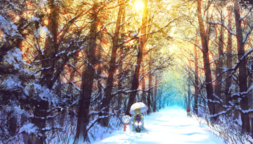 1girl, absurdres, blonde_hair, closed_eyes, dress, forest, hair_ribbon, hat
