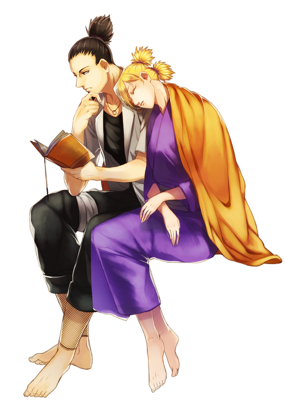 1boy, 1girl, amase_(siki696), barefoot, beard, black_hair, blonde_hair, book, facial_hair, highres, husband_and_wife, jewelry, long_hair, nara_shikamaru, naruto, necklace, ponytail, quad_tails, sleeping, temari