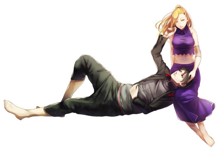 1boy, 1girl, amase_(siki696), black_eyes, black_hair, blonde_hair, green_eyes, highres