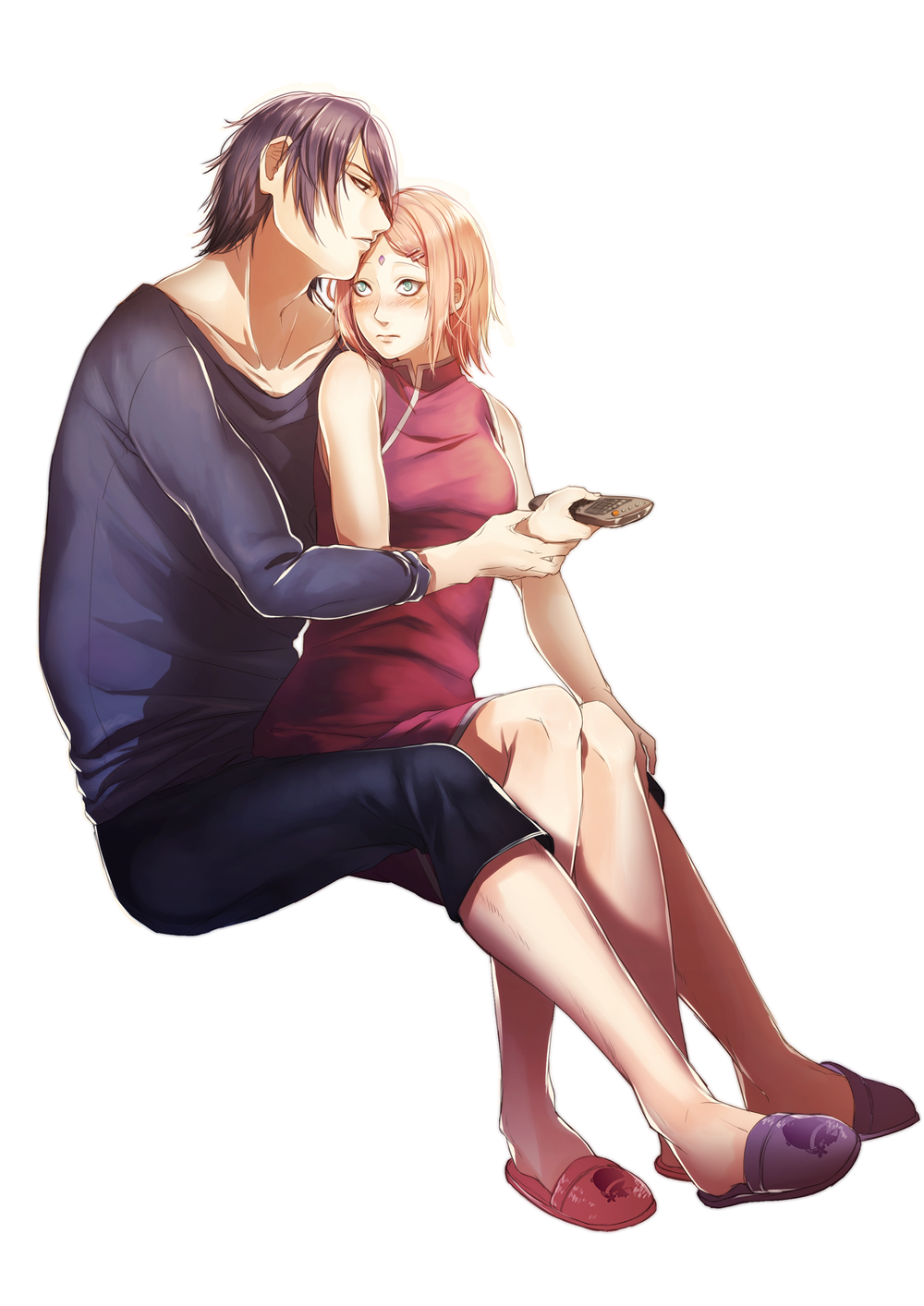 1boy, 1girl, amase_(siki696), black_hair, blush, controller, facial_mark, forehead_mark