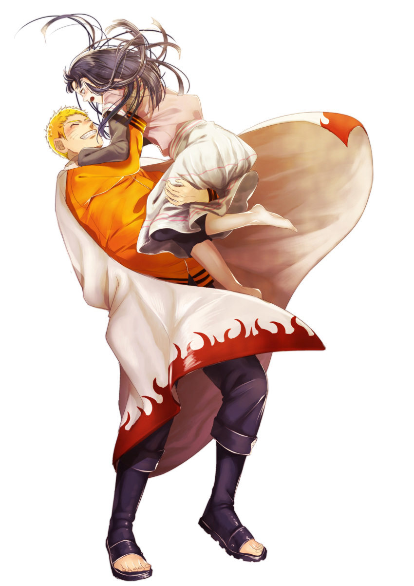 1boy, 1girl, amase_(siki696), barefoot, blonde_hair, blush, cape, carrying