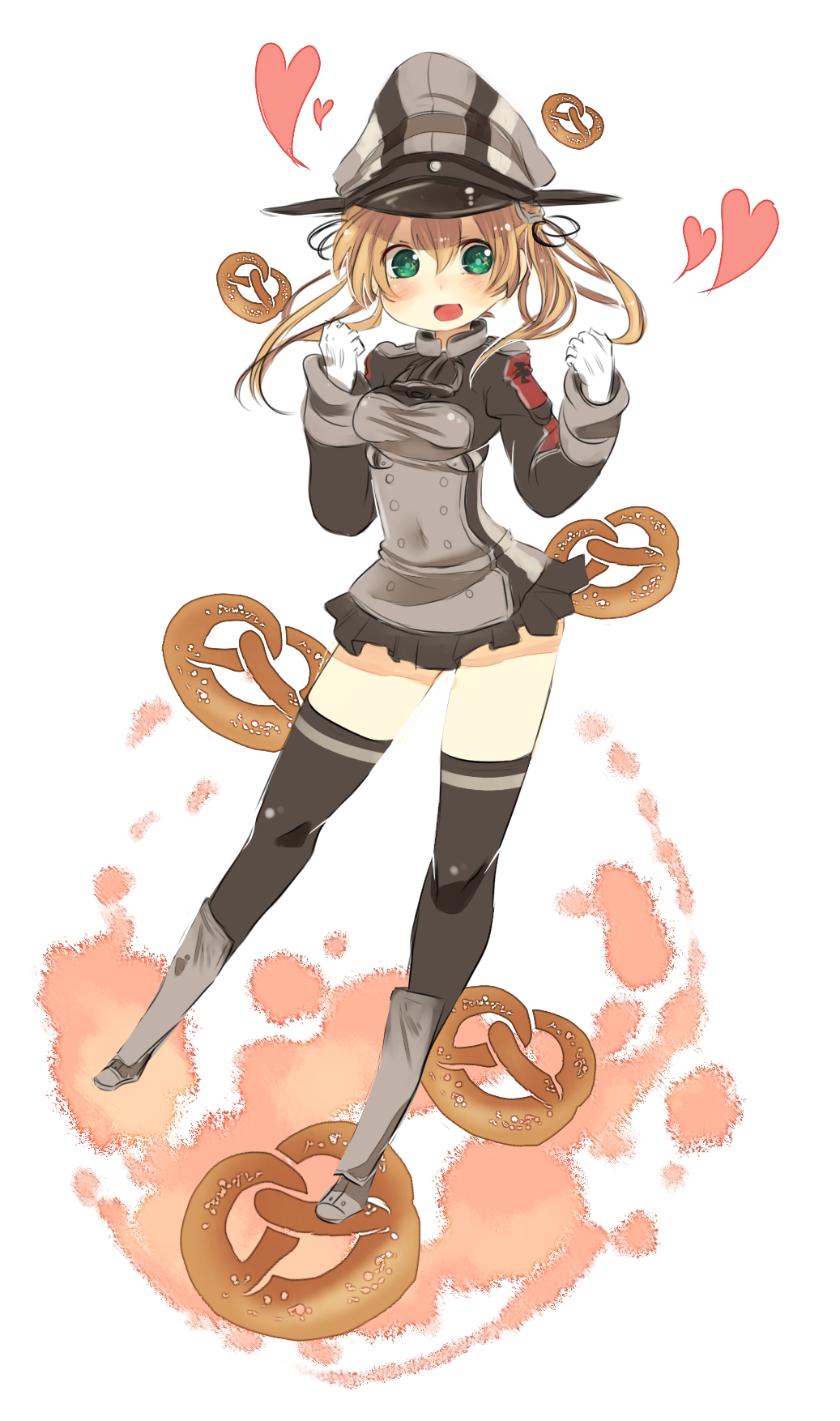 1girl, :d, anchor_hair_ornament, blonde_hair, blush, boots, brown_legwear, clenched_hands