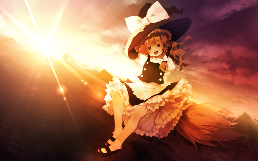 braid, broom, broom_riding, chinchickrin, hat, highres, kirisame_marisa, mary_janes