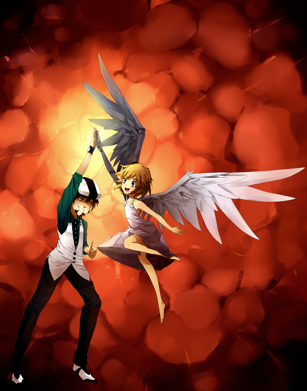 1boy, 1girl, :d, angel, angel_wings, asymmetrical_wings, barefoot, black_hair