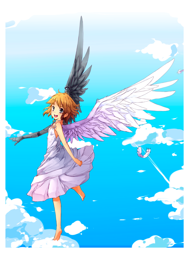 1girl, :d, angel, angel_wings, asymmetrical_wings, barefoot, blonde_hair, blue_eyes, borrowed_character, cassie_(acerailgun), clouds, cloudy_sky, cyborg, dress, feathered_wings, feathers, flying, full_body, fuyuki_yuki, looking_at_viewer, mechanical_arm, mechanical_wings, open_mouth, original, sky, smile, solo, white_border, wings