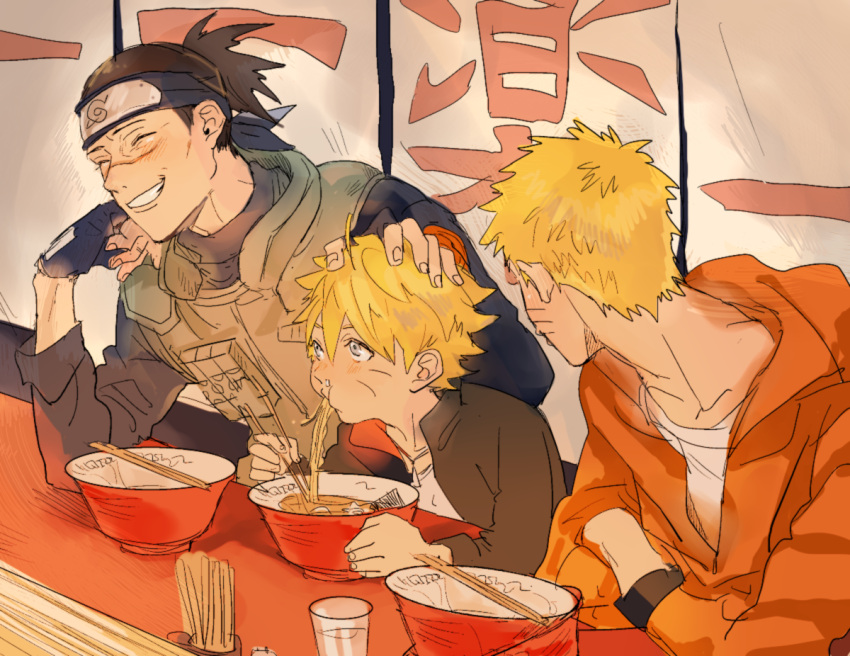3boys, black_hair, blonde_hair, blue_eyes, bowl, chopsticks, eating, facial_mark