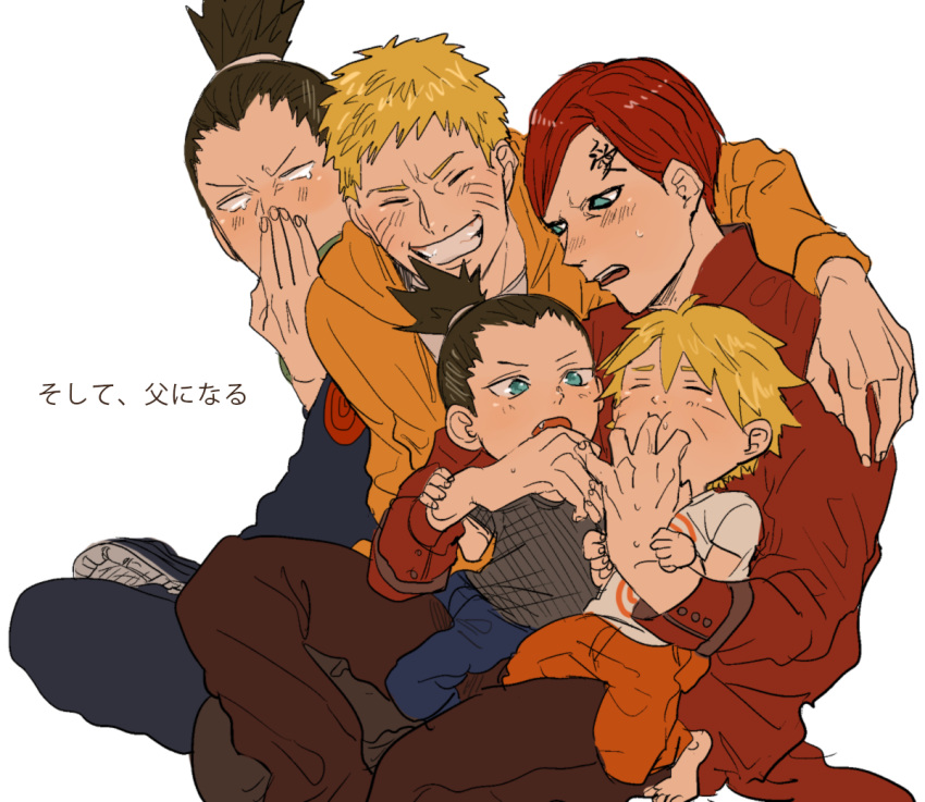5boys, black_hair, blonde_hair, covering_mouth, facial_mark, father_and_son, finger_sucking, gaara, grin, long_hair, mtmting, multiple_boys, nara_shikadai, nara_shikamaru, naruto, ponytail, redhead, short_hair, smile, sucking, tattoo, uzumaki_boruto, uzumaki_naruto