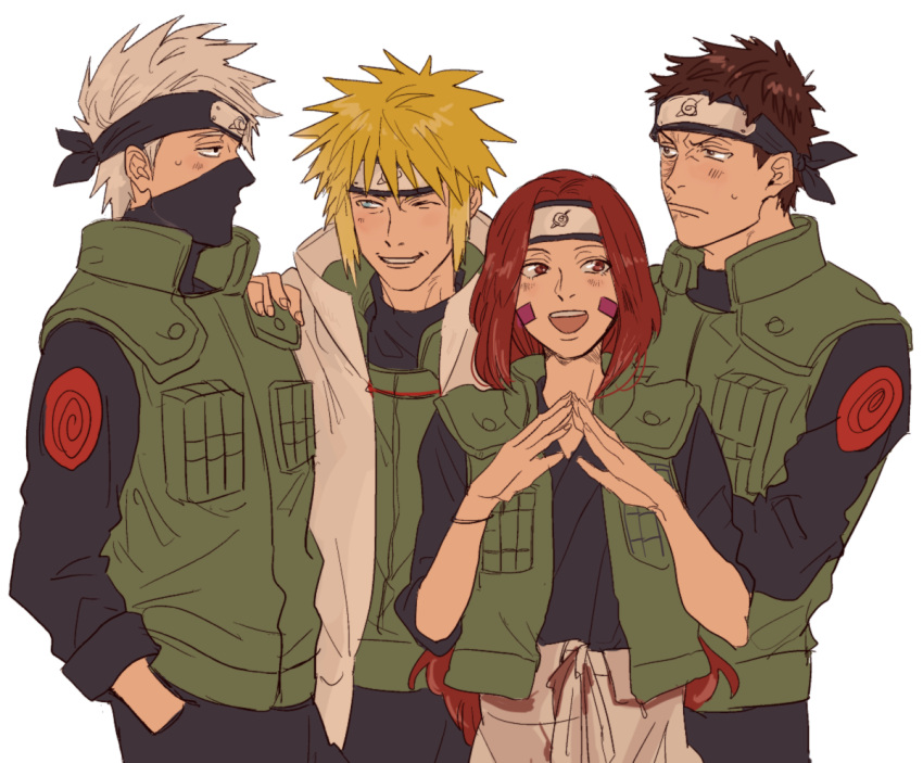 1girl, 3boys, black_hair, blonde_hair, brown_eyes, brown_hair, forehead_protector, hatake_kakashi