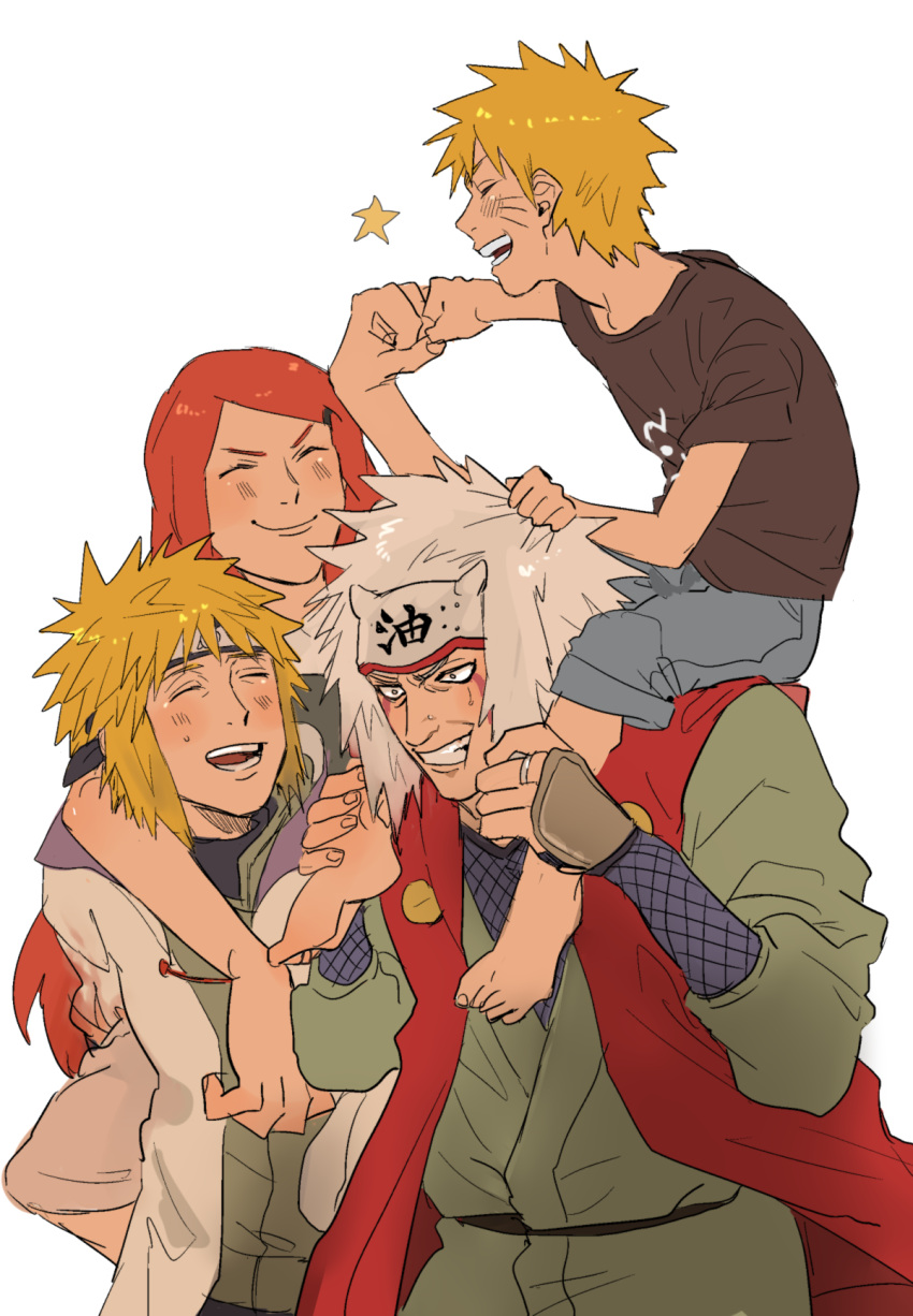 1girl, 3boys, blonde_hair, carrying, closed_eyes, family, father_and_son, fist_bump