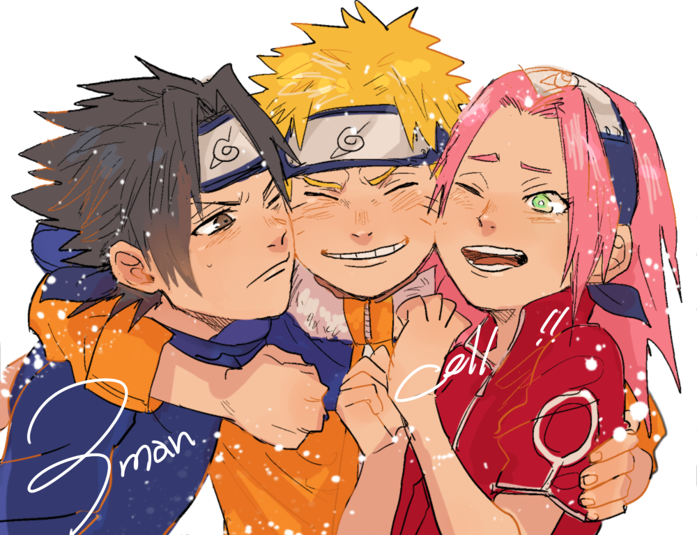 1girl, 2boys, black_hair, blonde_hair, blush, forehead_protector, green_eyes, grin, group_hug, haruno_sakura, hug, long_hair, mtmting, multiple_boys, naruto, one_eye_closed, pink_hair, short_hair, smile, uchiha_sasuke, uzumaki_naruto
