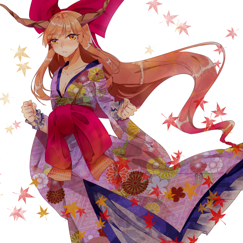 1girl, alternate_costume, blush, bow, breasts, brown_eyes, brown_hair, cleavage