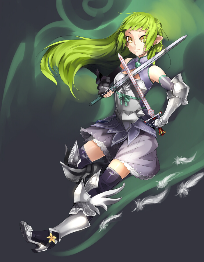 1girl, armor, bare_shoulders, borrowed_character, dual_wielding, feathers, full_body, gauntlets