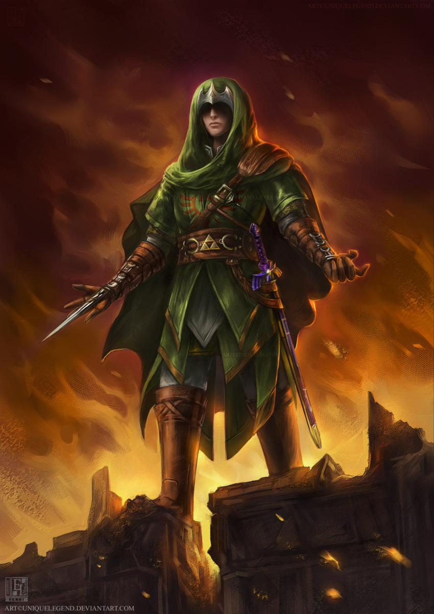 1boy, assassin's_creed_ii, boots, cape, dagger, eternal_legend, fire, fusion