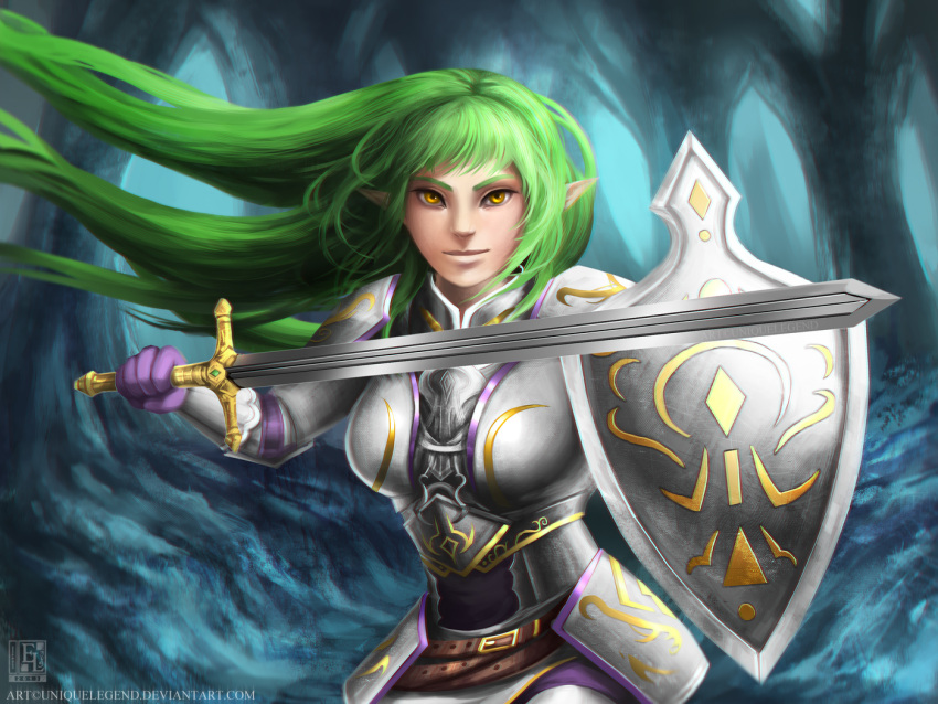 1girl, armor, borrowed_character, breasts, cowboy_shot, eternal_legend, faulds, fighting_stance