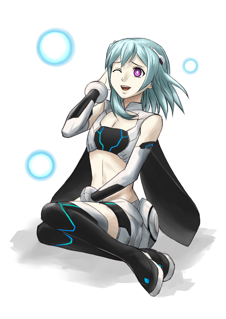 1girl, ;d, alpha_(acerailgun), blue_hair, boots, borrowed_character, detached_sleeves, full_body