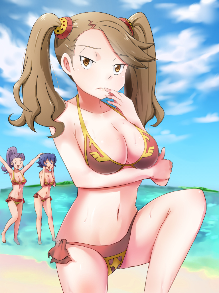 3girls, beach, bikini, breasts, brown_eyes, brown_hair, gundam, gundam_build_fighters, gundam_build_fighters_try, large_breasts, masaki_kazusa, multiple_girls, sano_keiko_(gundam_bf), sazaki_kaoruko, shigure_mahiru, swimsuit, twintails