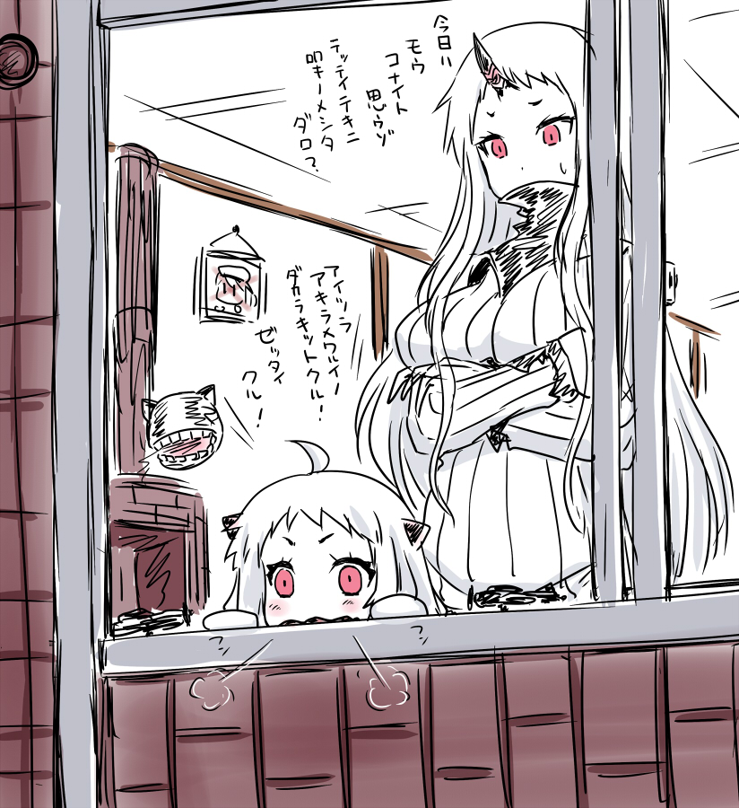 2girls, ahoge, bare_shoulders, covering_mouth, crossed_arms, detached_sleeves, dress, enemy_aircraft_(kantai_collection)