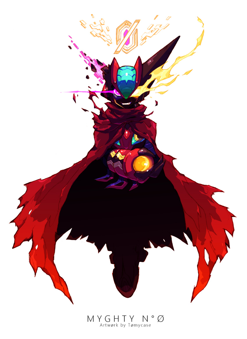 arm_cannon, artist_name, cape, claws, commentary, english, glowing, glowing_eyes