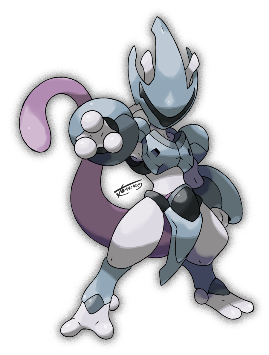 armor, artist_name, commentary, helmet, mewtwo, no_humans, official_style, outline, outstretched_arm, pokemon, pokemon_(creature), pose, signature, simple_background, solo, standing, sugimori_ken_(style), tail, tomycase, white_background