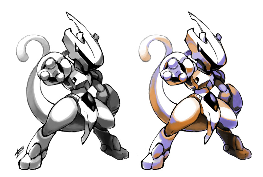 armor, artist_name, commentary, comparison, helmet, mewtwo, no_humans, outstretched_arm