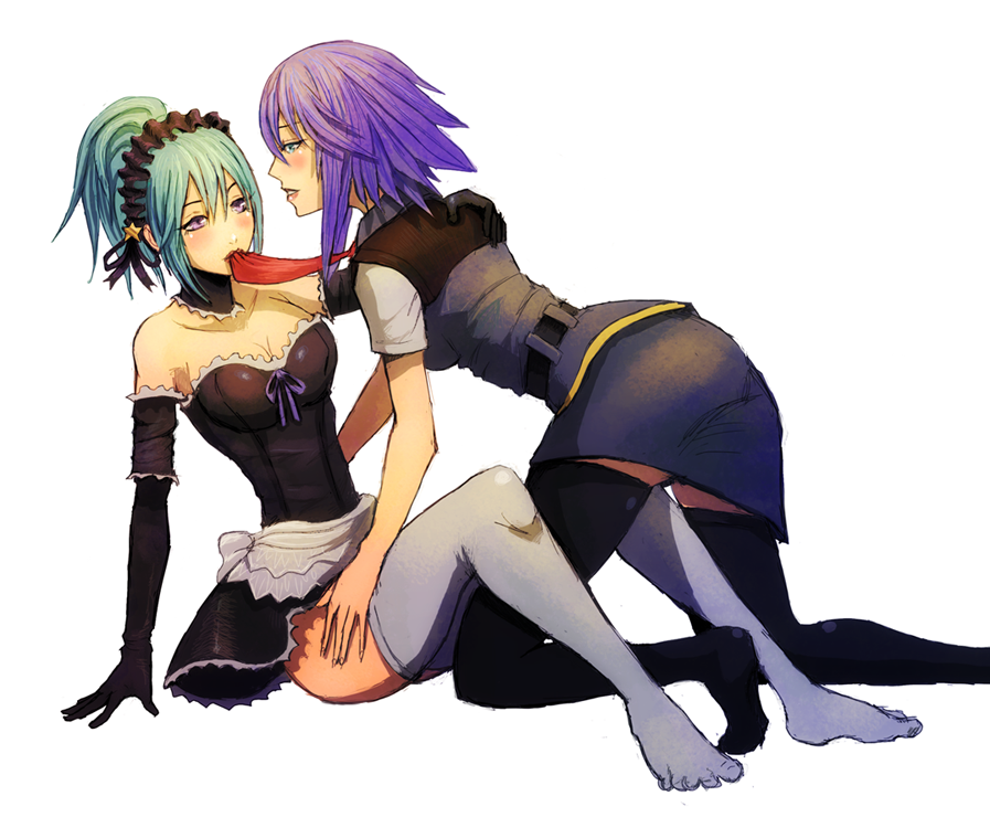 2girls, belt, blue_eyes, blue_hair, breasts, cleavage, demon_girl, elbow_gloves