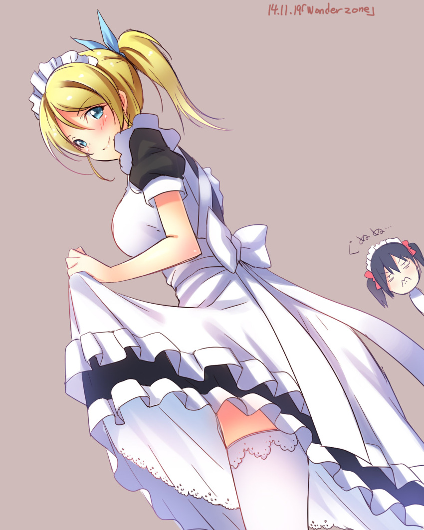 2girls, apron, ayase_eli, blonde_hair, blush, breast_envy, breasts, dated, dutch_angle, from_side, frown, garter_straps, highres, looking_at_viewer, love_live!_school_idol_project, maid, maid_headdress, multiple_girls, short_hair, skirt, skirt_lift, smile, thigh-highs, white_legwear, wonder_zone, yazawa_nico, yu-ta
