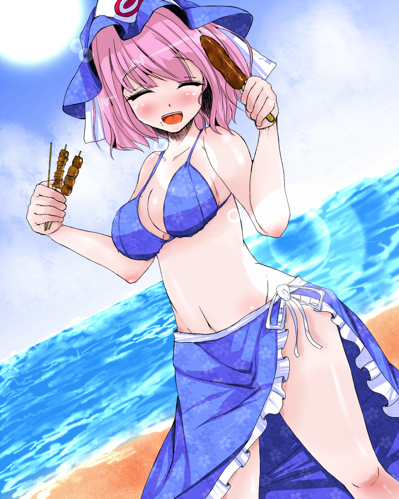 bikini, blush, breasts, cleavage, closed_eyes, food, hat, lens_flare