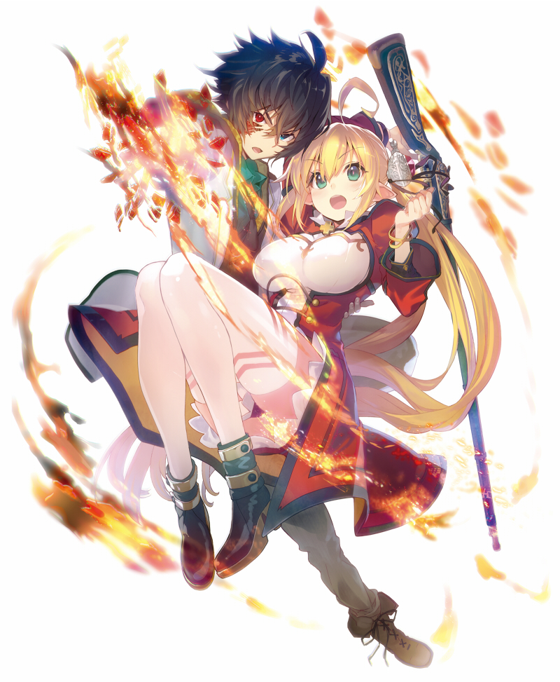 1boy, 1girl, :o, ahoge, aqua_eyes, black_hair, blonde_hair, blue_eyes, blush, boots, bracelet, breasts, fire, gun, heterochromia, jewelry, long_hair, open_mouth, pointy_ears, red_eyes, rifle, seikoku_no_ryuu_to_powder_kiss, shirabi_(life-is-free), thigh-highs, very_long_hair, weapon, white_background, white_legwear