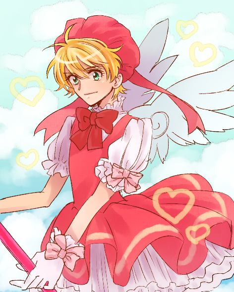1boy, aqua_eyes, blonde_hair, breasts, cardcaptor_sakura, cleavage, cosplay, crossdressinging