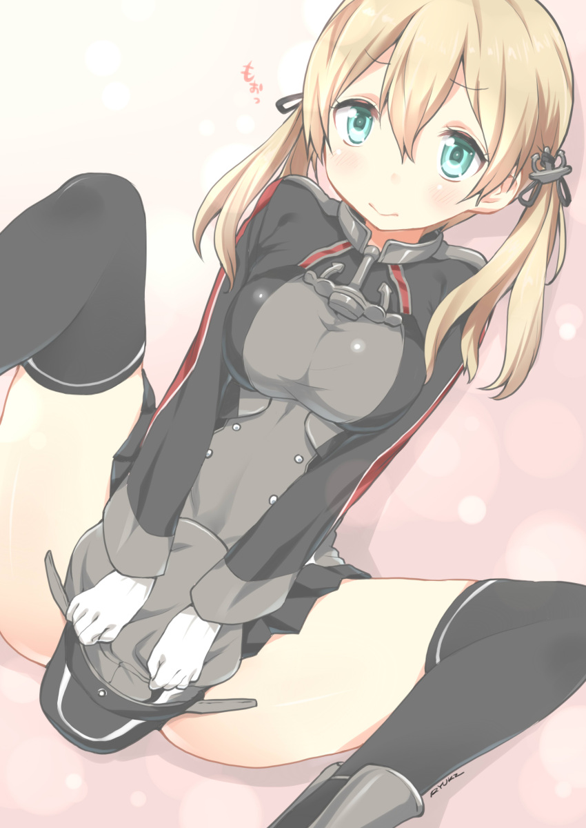 1girl, absurdres, anchor_hair_ornament, aqua_eyes, blonde_hair, blush, covering, covering_crotch