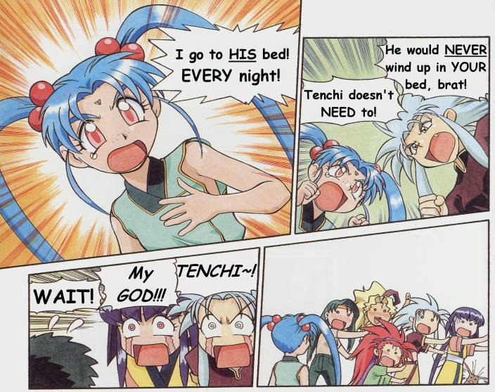 azuma_kiyohiko, black_hair, blonde_hair, blue_hair, comic, facial_mark, forehead_mark, freckles